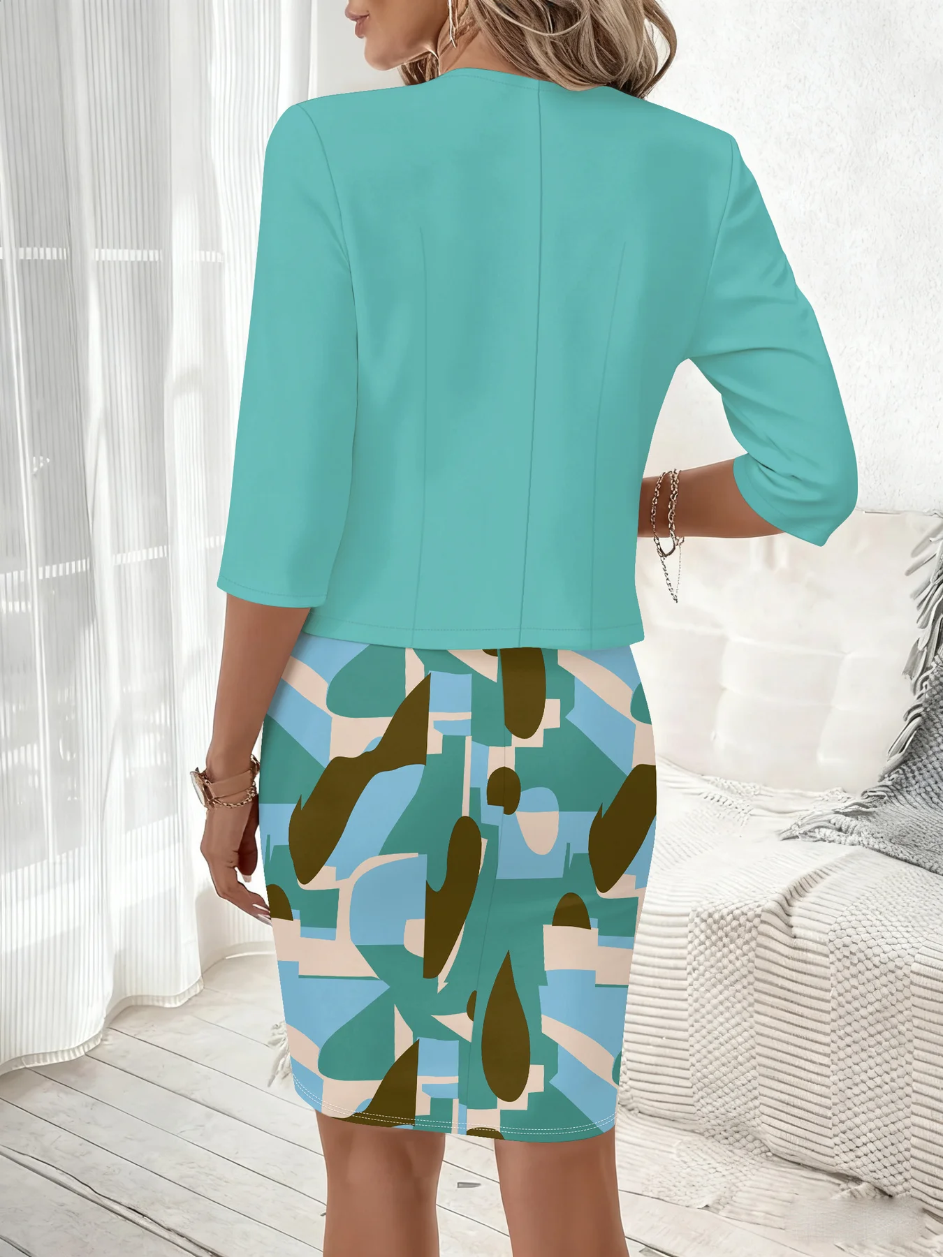Print Design Casual Style Color Block Geometric Patch Print Round Neck Sleeveless Dress Set