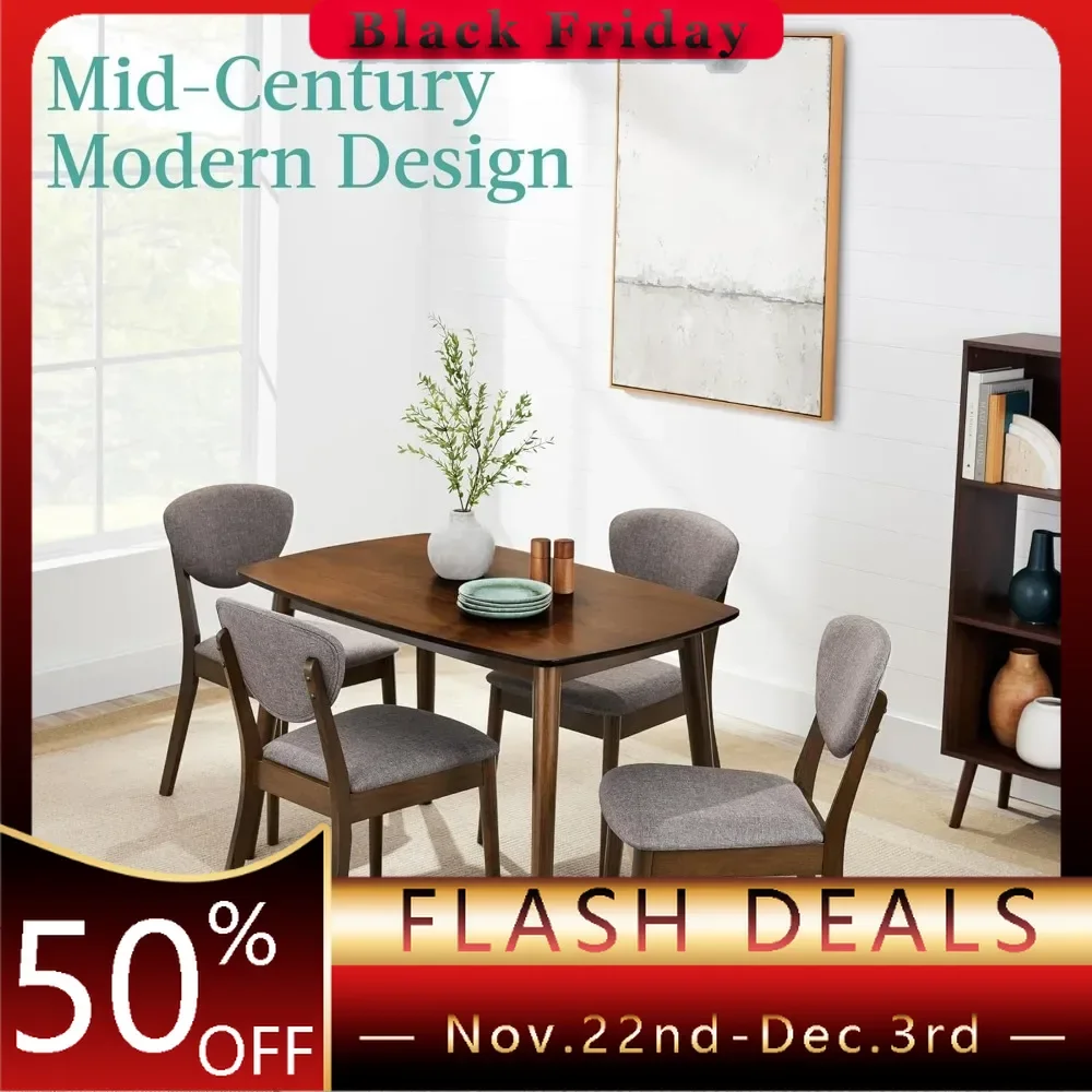 5 Piece Cutlery Table and Chair Set, Compact Mid-Century Modern Home with 4 Chairs, Walnut Upholstered Chair Back, Wooden Frame