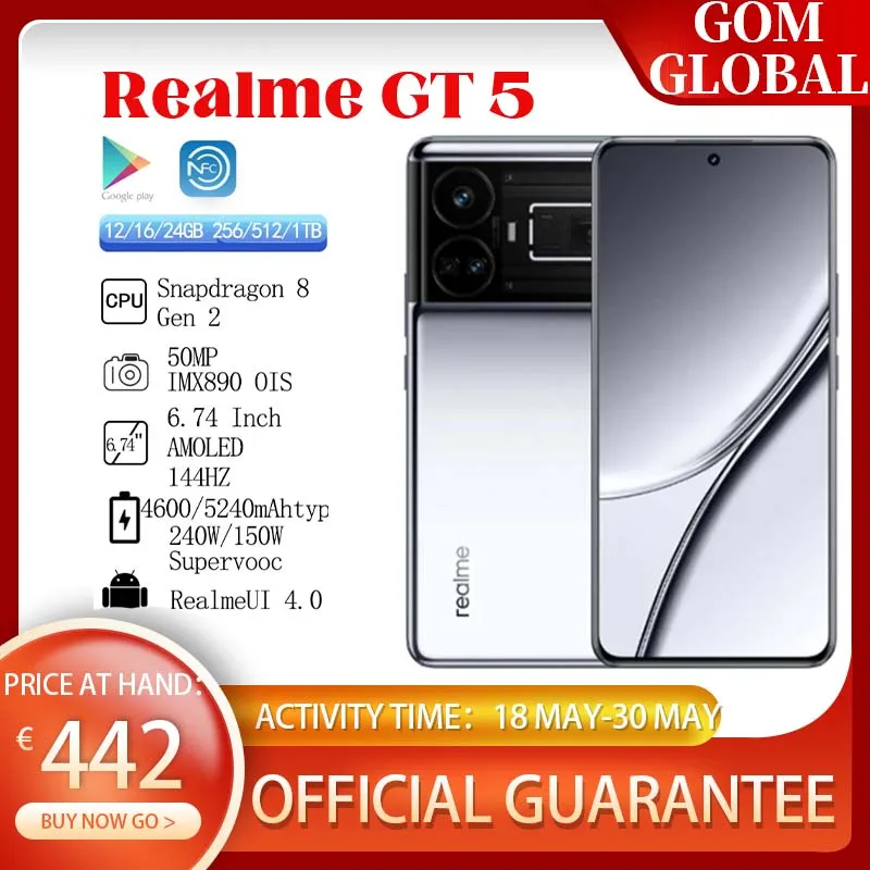 Global ROM Realme GT5 GT 5 5G Smartphone 6.74inch 144Hz Snapdragon 8 Gen 2 Octa core 50MP Rear Three Camera 150W 240W  OTA NFC