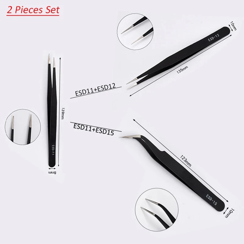 9-10pcs/Set Anti-static ESD Stainless Steel Tweezers Maintenance Tools Industrial Precision Curved Straight Tweezers Repair Tool