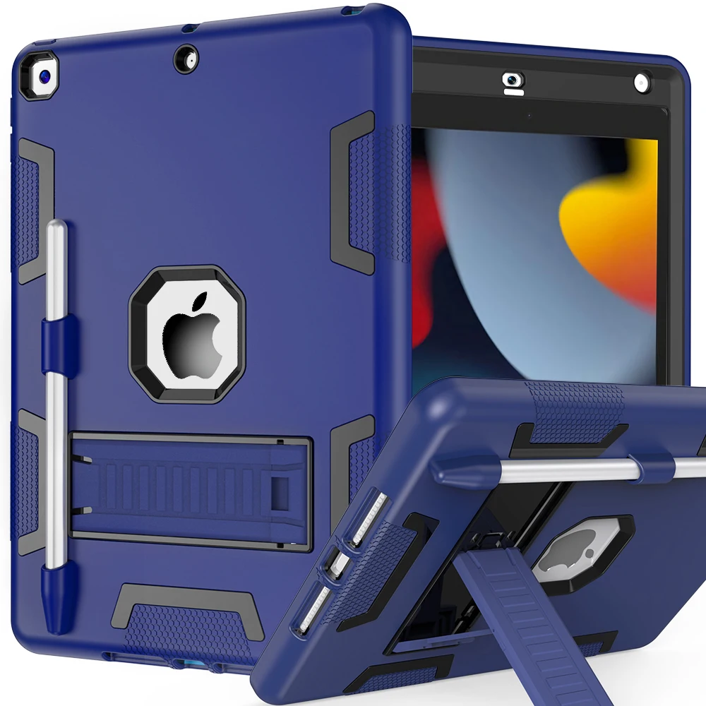 

For iPad 10.2 (2021) / (2019) / (2020) Case Silicone + PC Kickstand Tablet Cover with Pencil Holder - Navy Blue / Black