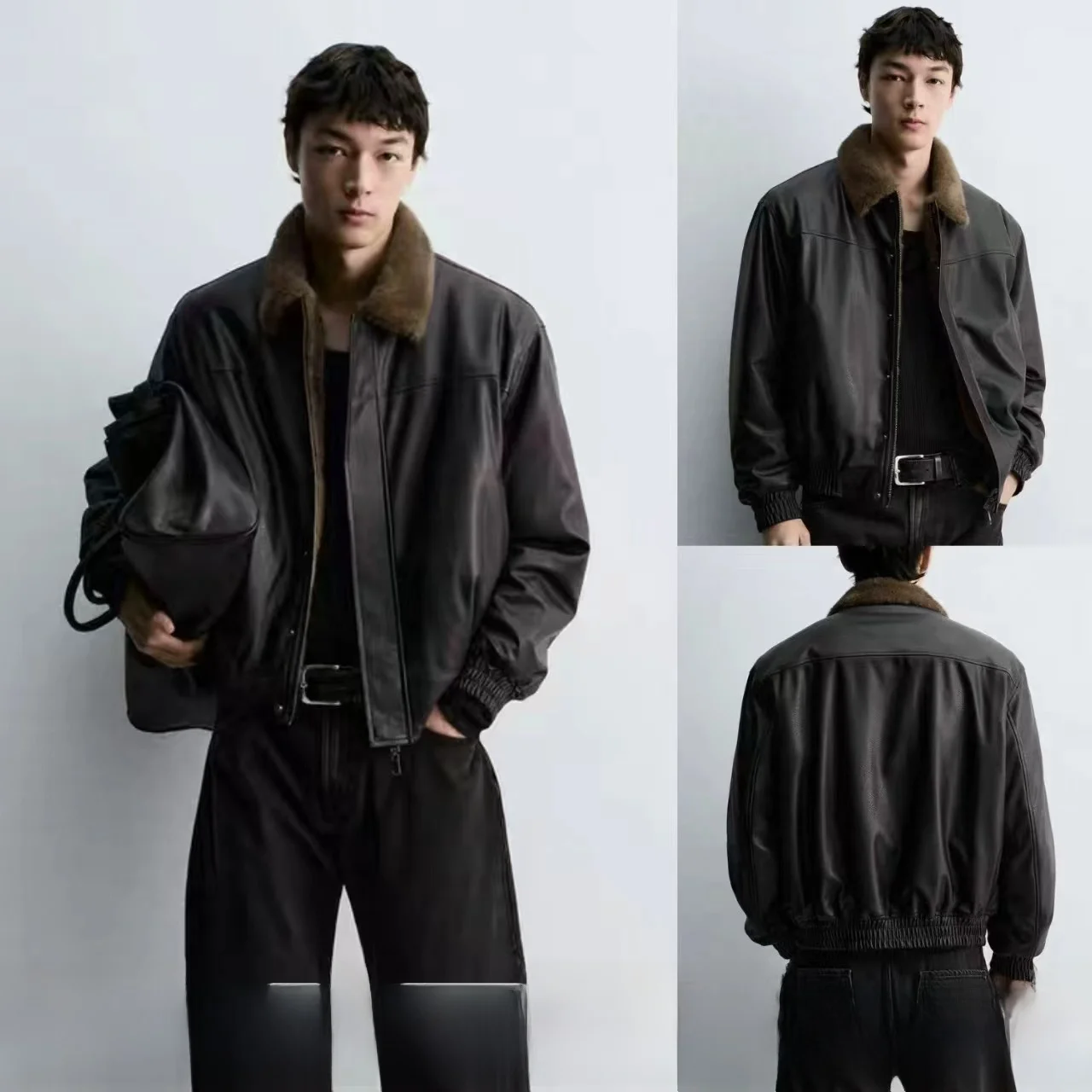 

Men's Fce Lined ort Jaet Double Sided Wear Warmth Leather Effect Biker Coat Casual Sle Zipper Closure Long Sve