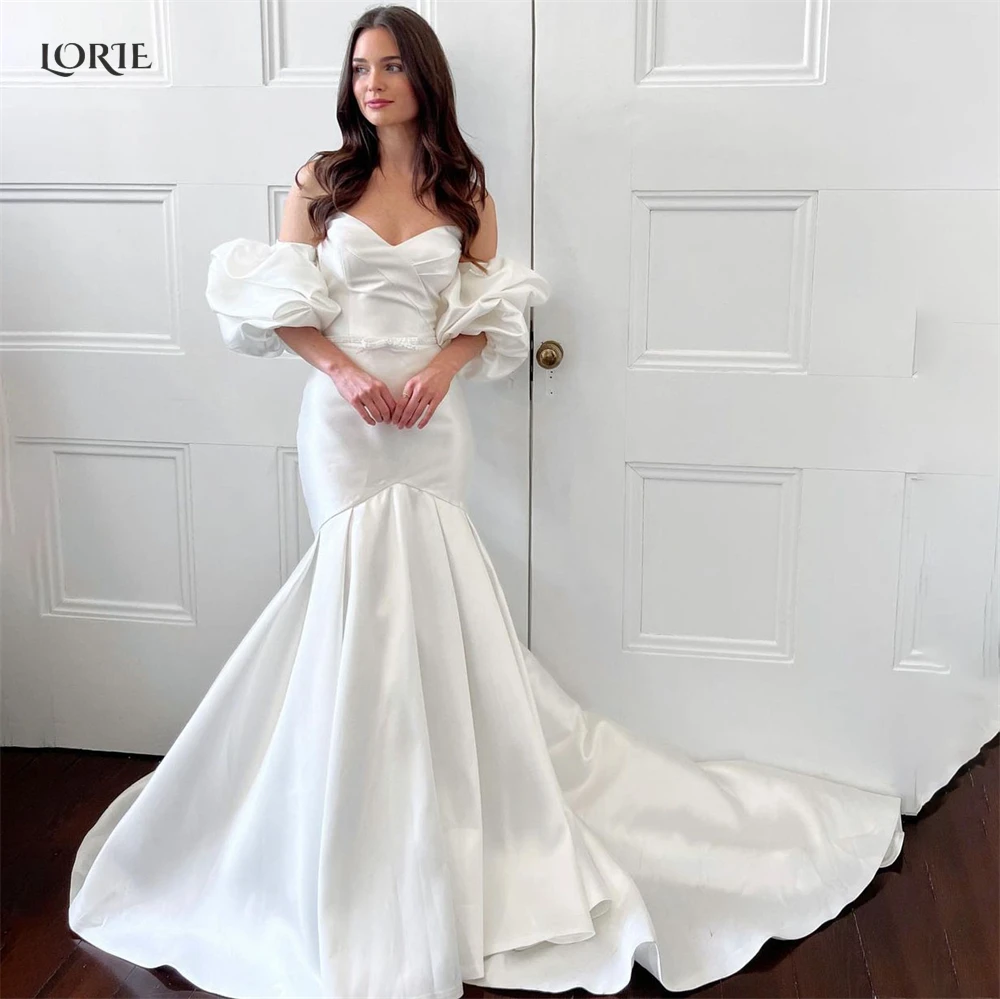 

LORIE Solid White Mermaid Wedding Dresses Detachable Puff Sleeves Off Shoulder Bridal Gowns Puffy Train Bodycon Bride Dress 2022