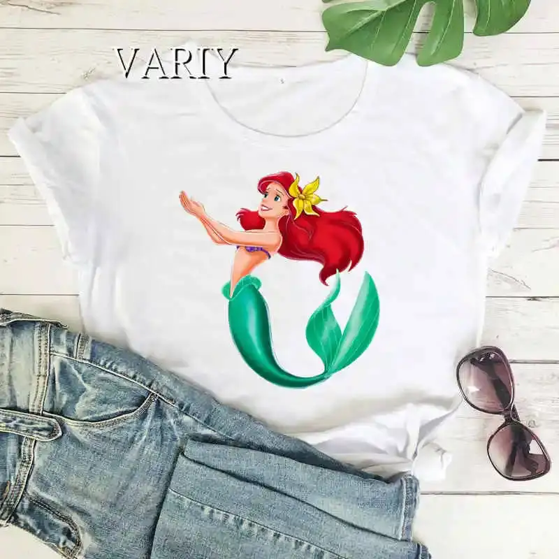 

Classic Pattern Short Sleeve Princess Ariel Comic T Shirt Women Funny Graphic T-shirt The Little Mermaid Graphic Tshirt Female