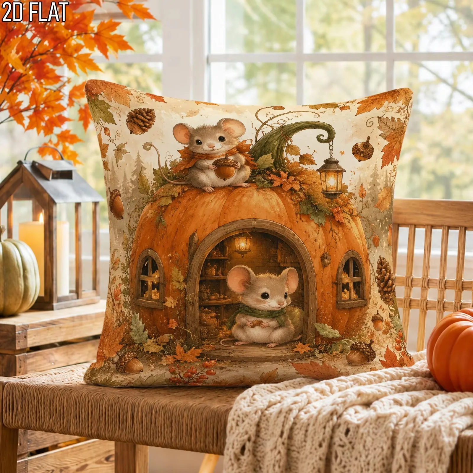 Double Sided Autumn Pumpkin Pillow Cover, Orange Polyester 2D Print Cushion for Fall Party Sofa Living Room Home Decor