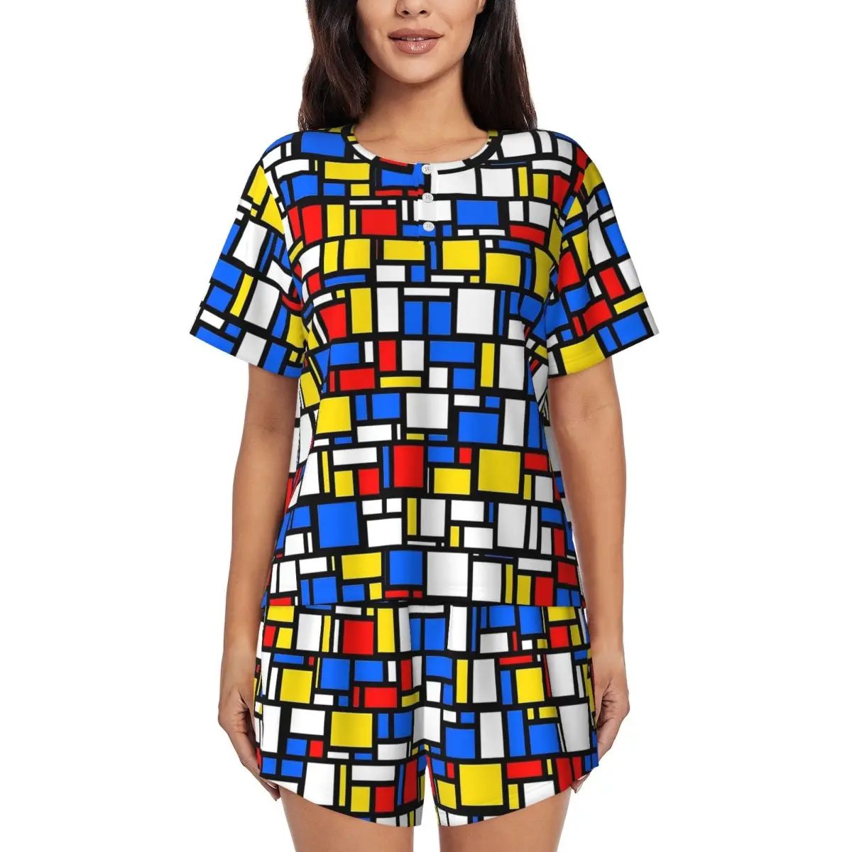 

Пижамы в стиле Mondrian, весенние комплекты из 2 предметов, винтажные пижамные комплекты в шахматном порядке, женский домашний костюм с коротким рукавом и круглым вырезом для спальни