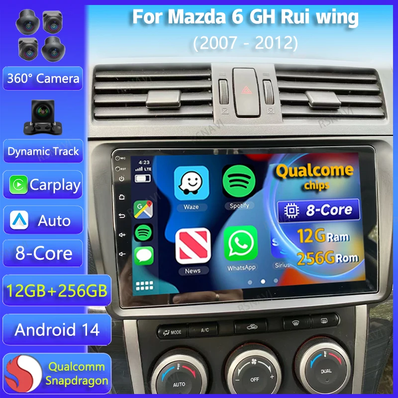 Android 14 Car Radio Navigation Multimedia Player For Mazda 6 GH Rui wing 2007 - 2012 GPS Video Stereo Carplay Auto 360 Camera