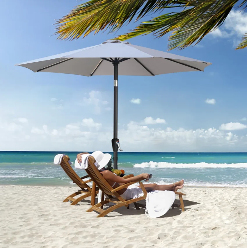 ！@Modern Light Grey Steel Frame Center Pole Patio Umbrella Waterproof UV Protection Commercial Outdoor Garden Umbrella
