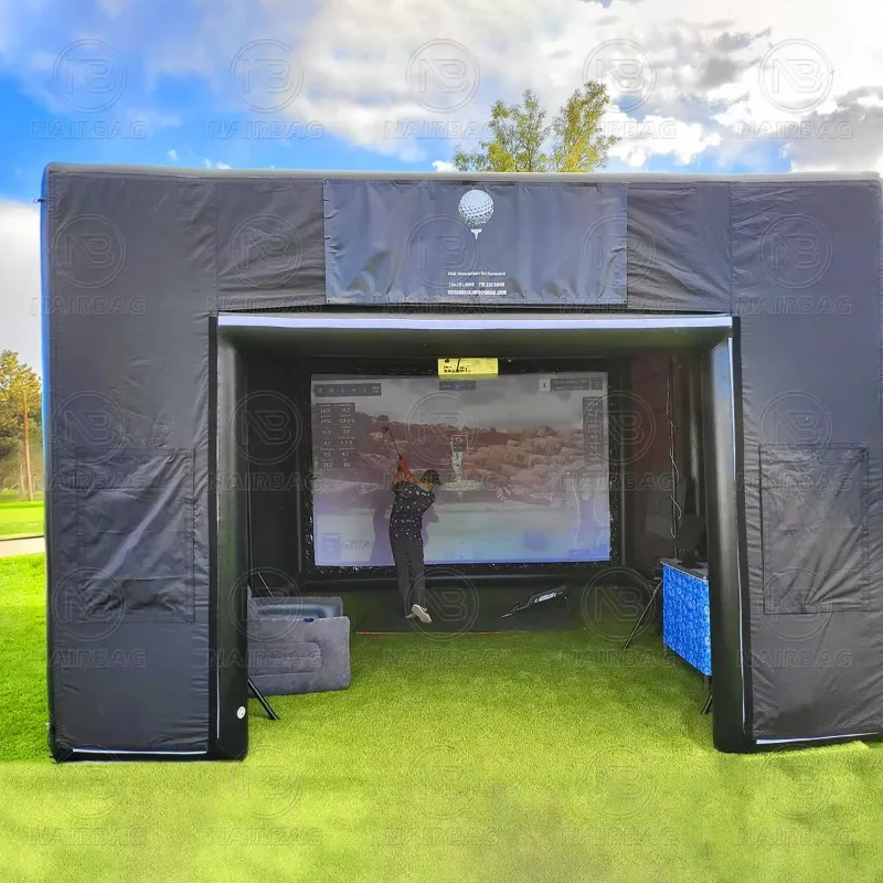 

Portable inflatable golf emulator housing tent with indoor and outdoor movie screens