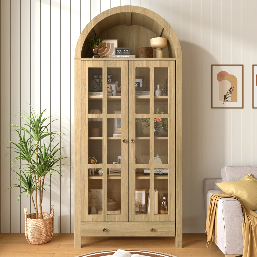 Vitrine de présentation en forme d'arche, vitrine moderne autoportante avec étagères réglables en hauteur et plusieurs tiroirs de rangement, unité de rangement multifonctionnelle pour salon, salle à manger et bureau