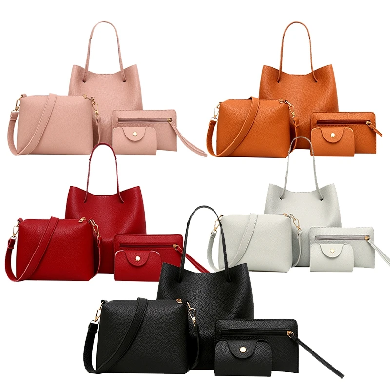 

NEW-Fashionable Litchi Pattern Soft Artificial Soft Leather 4 In 1 Combo Bag Tote Bag Handbag Women Wallet