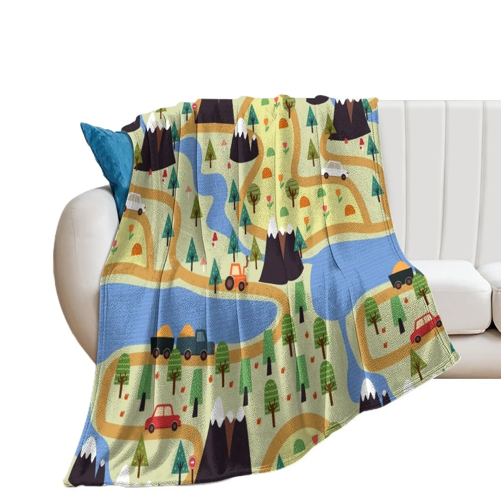 kids seamless, all over road print with cars, trees, trainsplaymat Throw Blanket Vintage Flannel Blankets