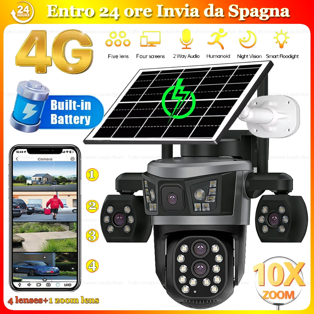 Telecamere Solari 4G con 5 Lenti, 4 Schermi, Scheda SIM Inclusa, 100M di Dati, IP CCTV Wireless, Protezione di Sicurezza per Casa Intelligente, Rilevamento Umano AOV, Monitoraggio di Sorveglianza