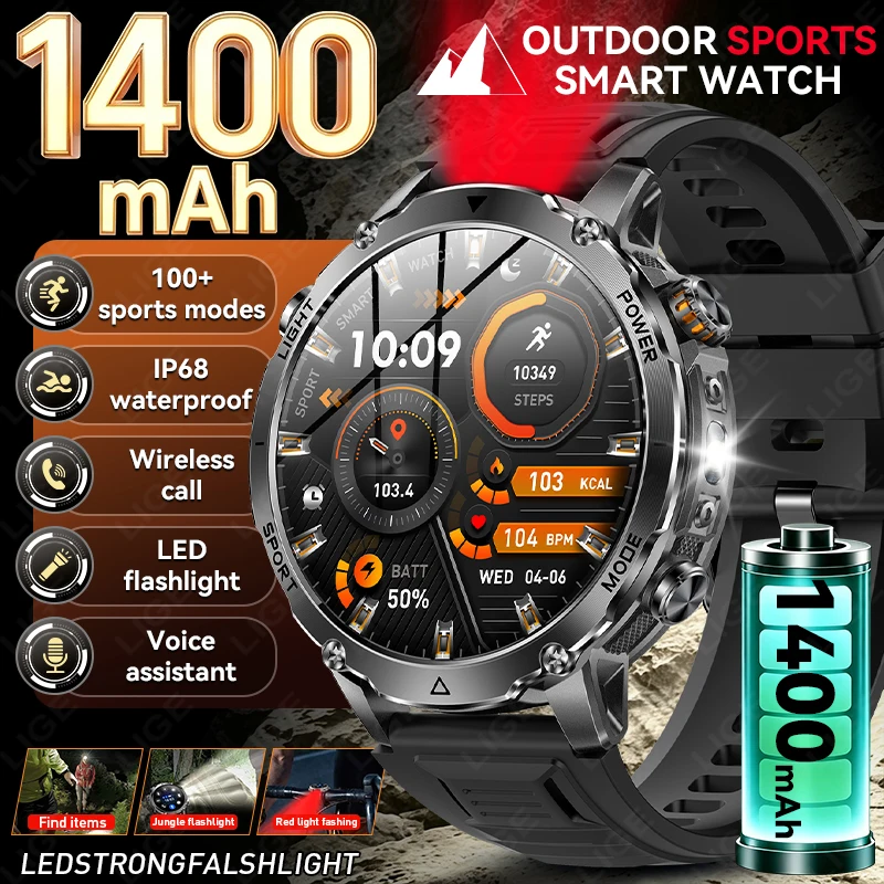 LIGE New Military 1400mAh Battery Smart Watch 2026 Men Outdoor Flashlight IP68 Waterproof Heart Rate BT Call Sports Bracelets
