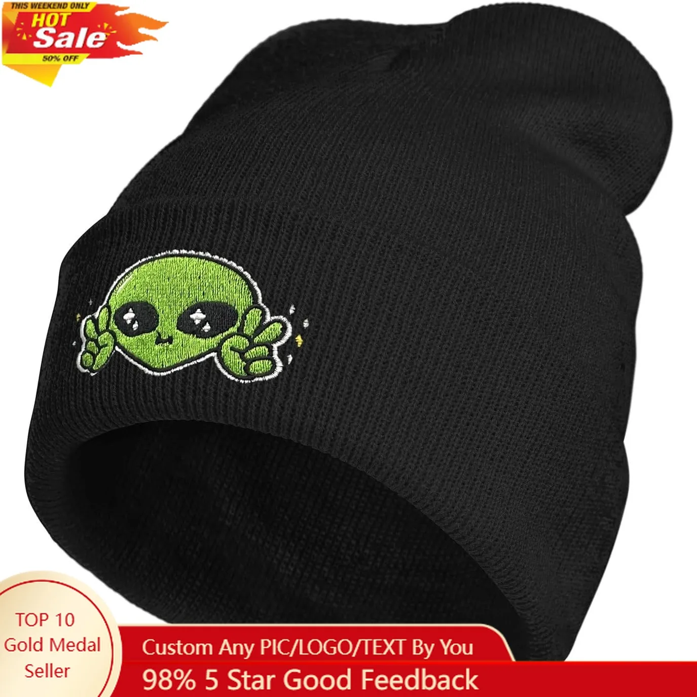 

Cute Alien Peace Embroidery Beanie Hat for Men Women Winter Warm Stretch Skull Knit Hats Cap Black
