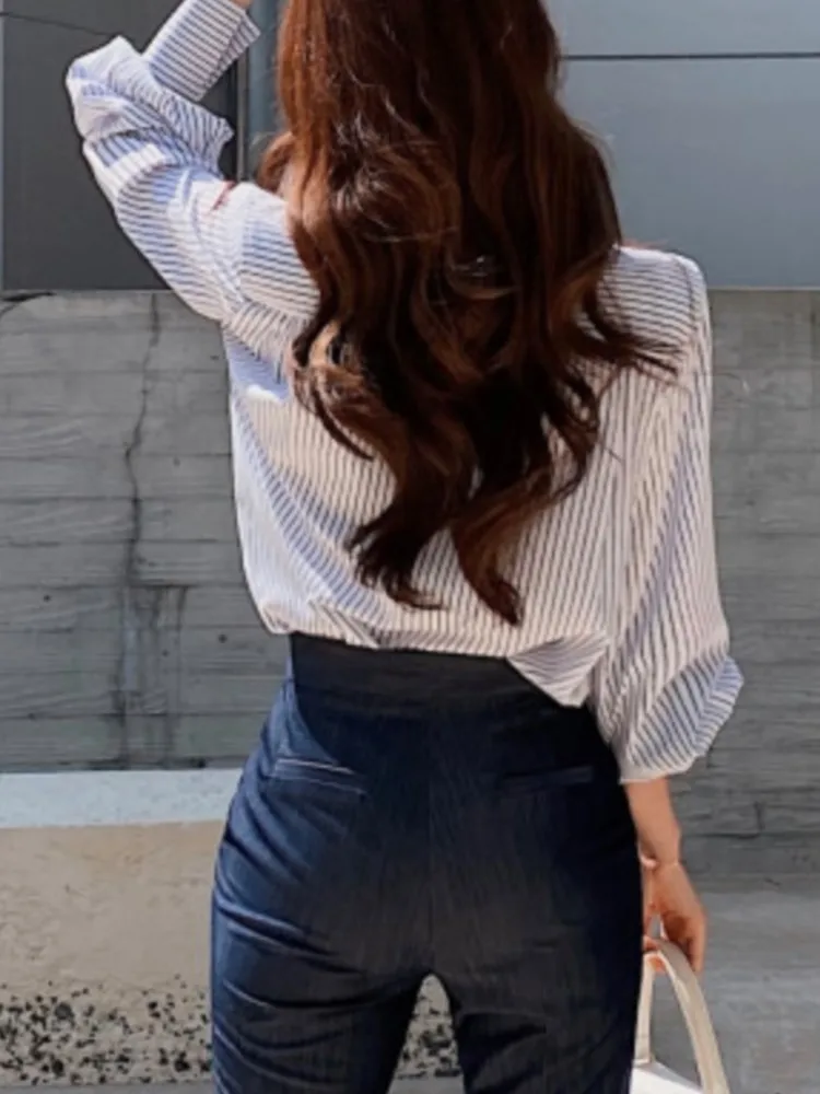 Women Elegant Casual Stripe Long Sleeve Shirts Spring Vintage Chic Party Birthday Clothes Female Business Formal Blouses Tops