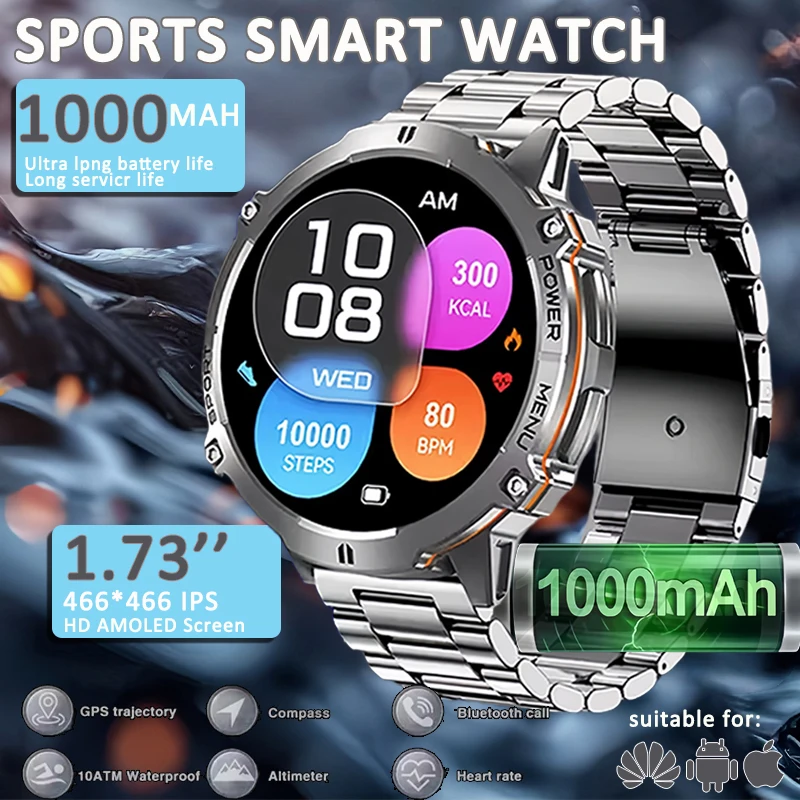 

2025 New Military T-Rex 3 HD AMOLED Smart Watch 1000mAh Battery 5ATM Waterproof Outdoor Fitness Bluetooth Call Smartwatch Men