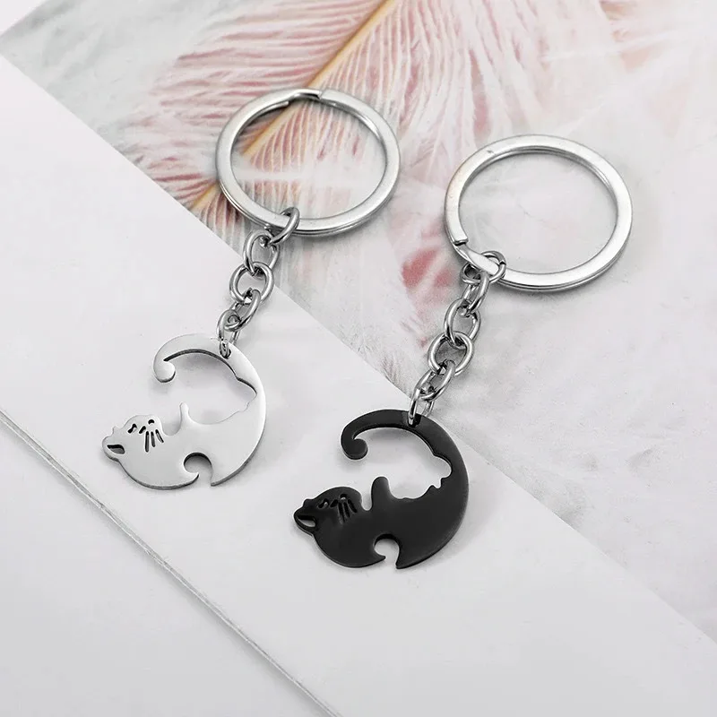 Small Item Portable Stainless Steel Keychain Heart-shaped Splicing Cat Yin