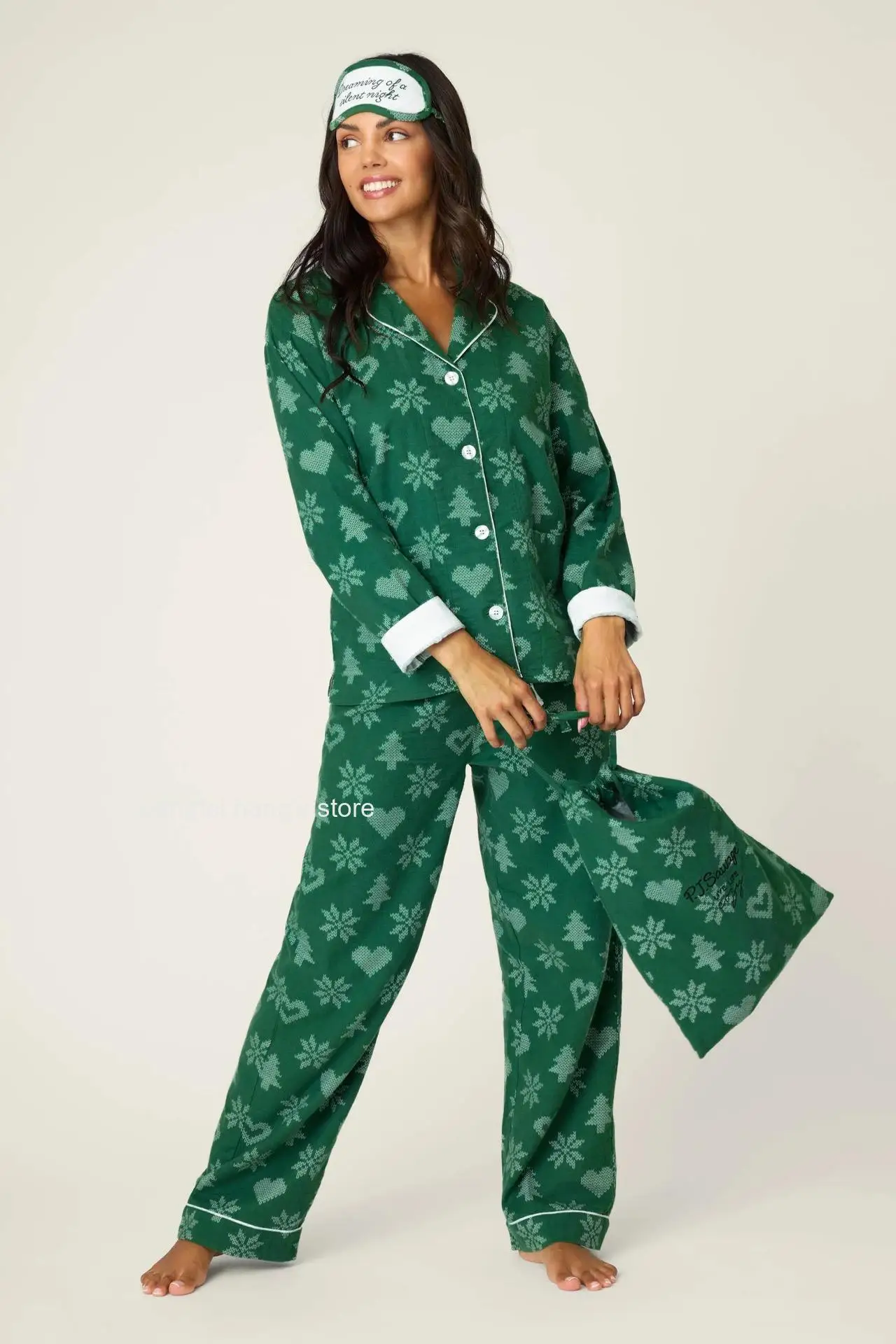Brushed Pure Cotton Women 2Pcs Pajama Set, Spring Autumn Long Sleeve & Long Pants Cute Cartoon Print Home Loungewear Sleepwear