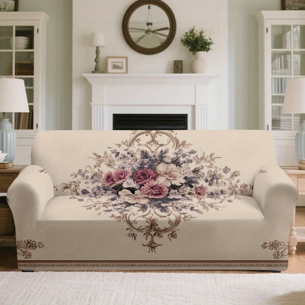 1 Stück Eleganter Vintage Rosen-Blumendruck Stretch-Sofabezug, Abnehmbarer Waschbarer Couchüberwurf für Französische Landhaus-Dekoration