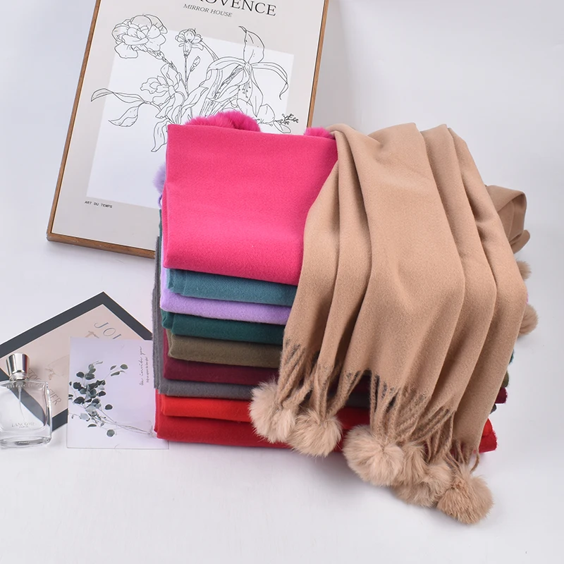 Autumn and Winter New Rabbit Hair Ball Soft Long Scarf Women\'s Mid length Solid Color Shawl