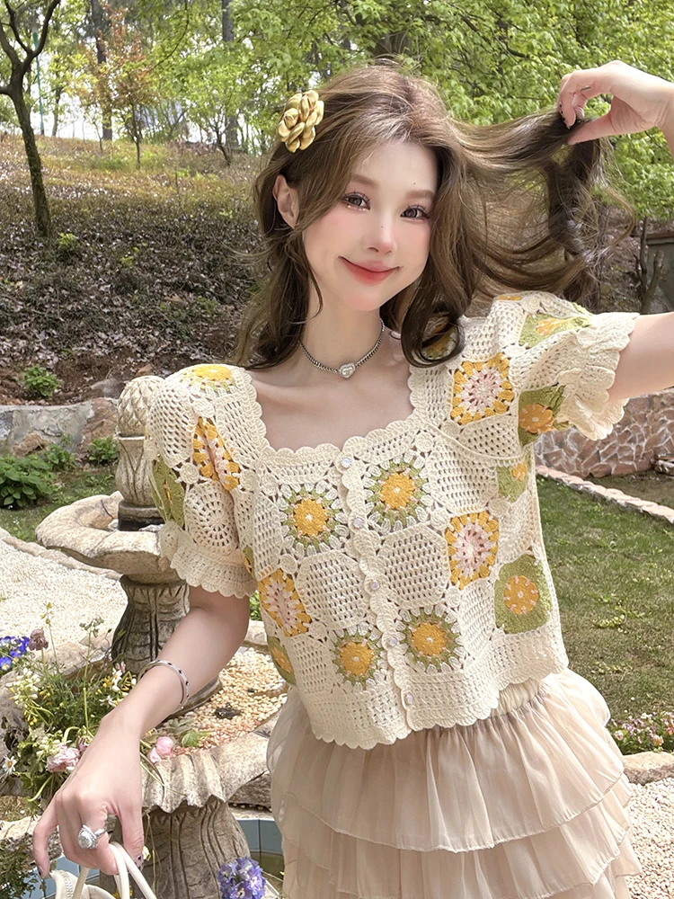 

ISNI Heavyweight Knitted Sweater Women's Design Square Collar Bubble Sve ort Sve Top New Sle Sweet Sle Loose Fit