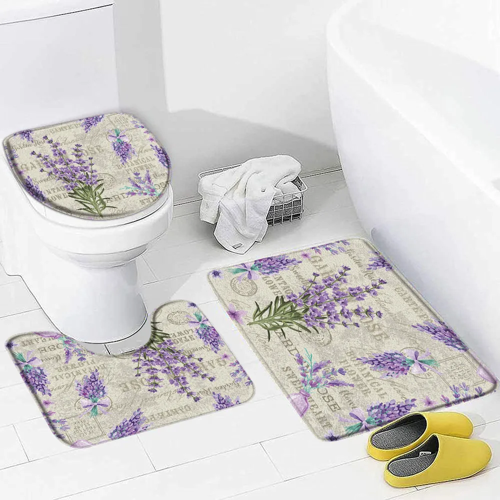 Purple Lavender Bath Mat Set Nature Flowers Plants Butterfly Modern Home Carpet Bathroom Decor Non-slip Rugs Toilet Lid Cover