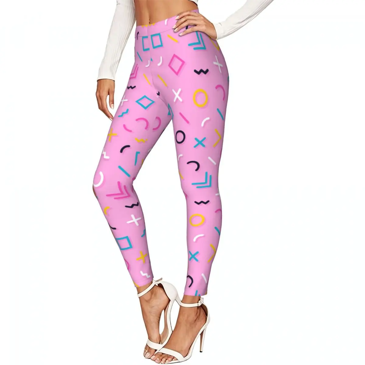 Memphis Geometric Lines Abstract Women Leggings High Waisted Stretch Tights Workout Running Pants