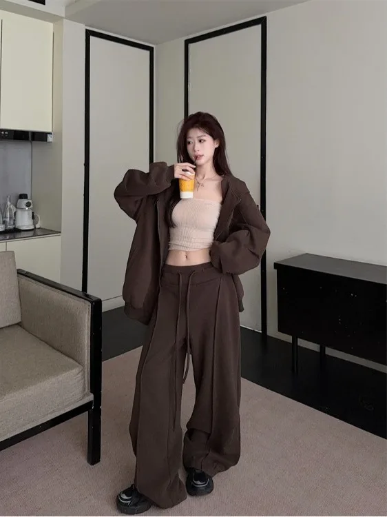 

plus Size Casual Set Autumn Winter New Lazy Style Hooded Long Sleeve Sweatshirt Jacket High Waist Straight Leg Wide Leg Pants