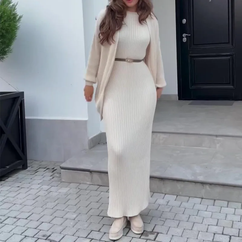 

Spring Dress Set Women Two Piece Sets Knitted Round Neck Long Dresses Knit Mid Length Coats Work Elegant 2025 Matching Sets