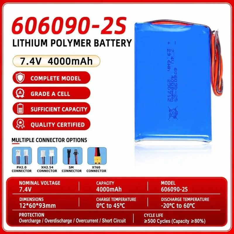 [New] 3pcs for 606090-2S Polymer 7.4V Lithium Battery Pack 4000mAh Fish Finder Power Supply with Protective Board Cable