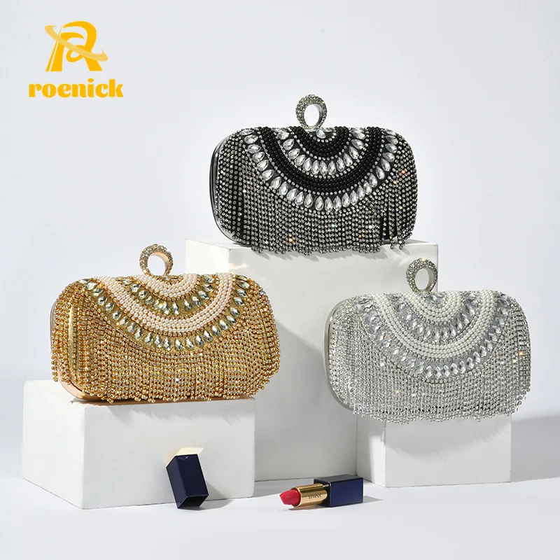 

ROENICK Women Beaded Tassel Evening Bags Nightclub Party Day Clutch Pearl Banquet Cosmetic Purses Cocktail Chain Crossbody Totes