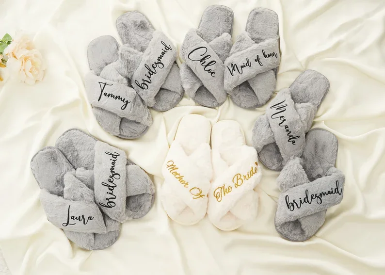 Custom Fluffy Slippers, Fluffy Cross slippers, Custom Bride Slippers, Bride to Be Gift, Bridesmaid Gift, Bachelorette Party