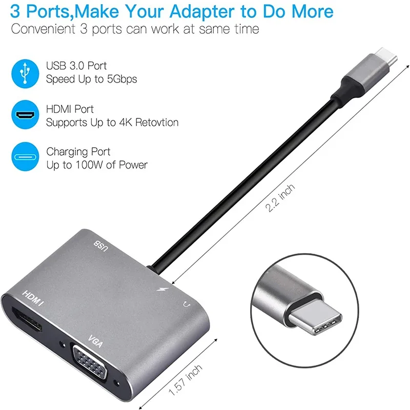 Adaptateur USB C Hub 4 en 1/5 en 1 Type C 3.0 vers Compatible 4K, HDMI VGA USB 3.0 PD, séparateur de Charge rapide, adaptateur d'extension pour ordinateur portable