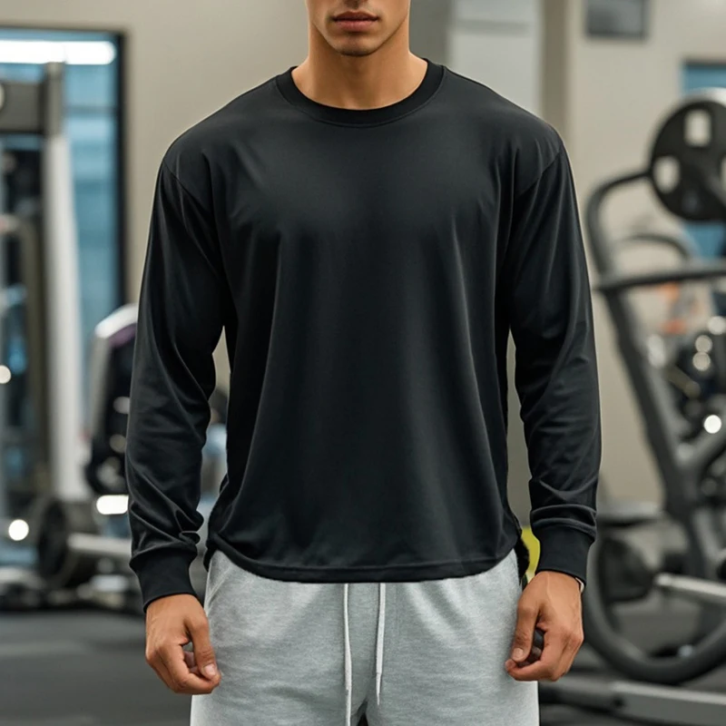 Herbst Boxy Fit Rundhals Langarm T-Shirts Einfarbig 100% Baumwolle Lose Sportshirts Fitness Muskel Herren Freizeitkleidung
