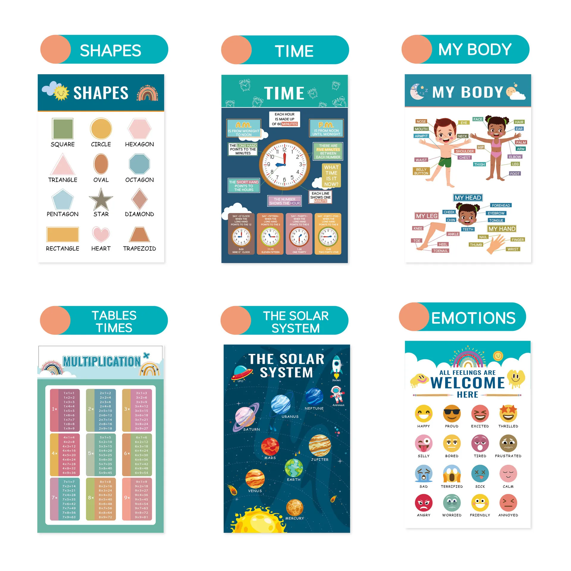  Educational Wall Posters for Kids, 12-Piece Nursery Decor Set - English Learning Charts with Animals, ABCs, for Classroom