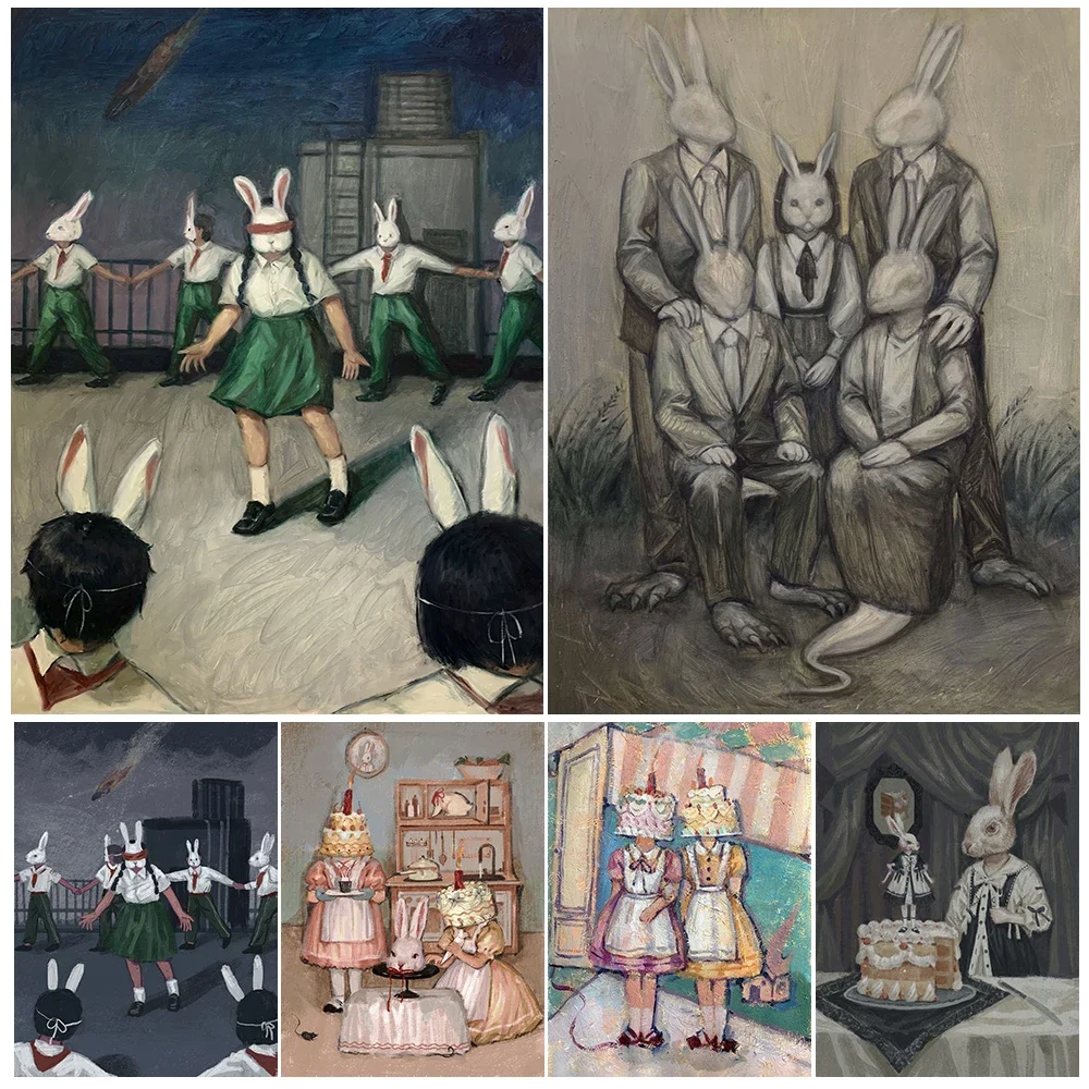 

Spooky Cake Girl And Bunny Cake Abstract Wall Art Sheep In The Mirror Canvas Print Fox&Bunny Girl Gothic Art Poster Print Decor