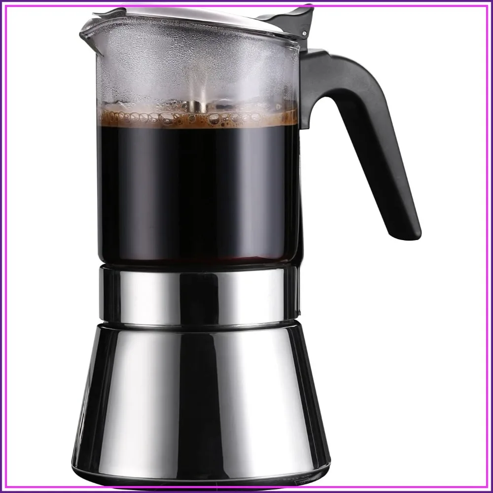 

Crystal Glass Top & Stainless Steel Stovetop Espresso Maker, Classic Italian Moka Pot for Induction Cooktop, 160ml