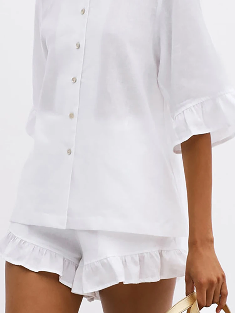

2025 Fashion Women's O-neck Single Breasted Shirt Suits Vacation Loose White Two Piece Set Ruffle Design Shorts Casual Outfits