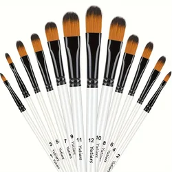 12pcs Filbert Artist Brushes with Nylon Tips - Wood Handle Professional Paintbrush Set for Acrylic, Watercolor, Gouache Painting