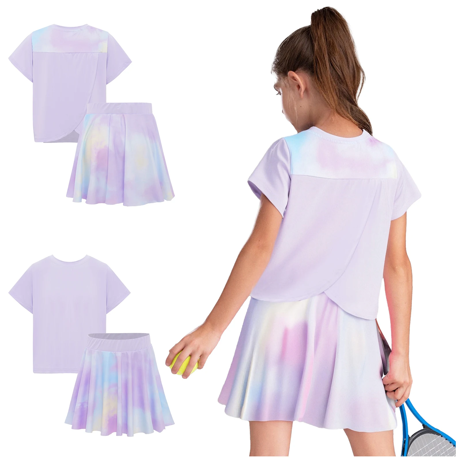 Kids Girls 2-Piece Quick-Drying Breathable Sports Set Badminton Tennis Outfit Short Sleeve Wrap Back T-shirt with Tie-Dye Skirt