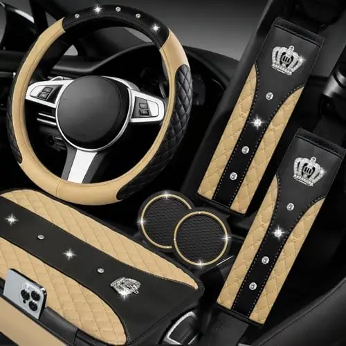 

NBTEPEM 6PC Bling Car Accessories Set - Universal Leather Steering Wheel Cover 14.5-15" Beige
