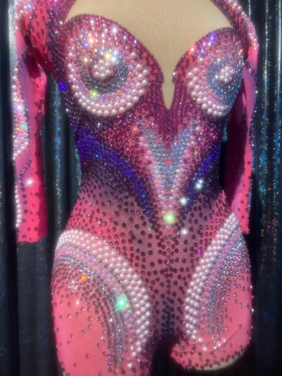 Femmes rose brillant strass Sexy discothèque bal pôle danse barboteuse chanteur scène Costume fête Showgirl reine tenues