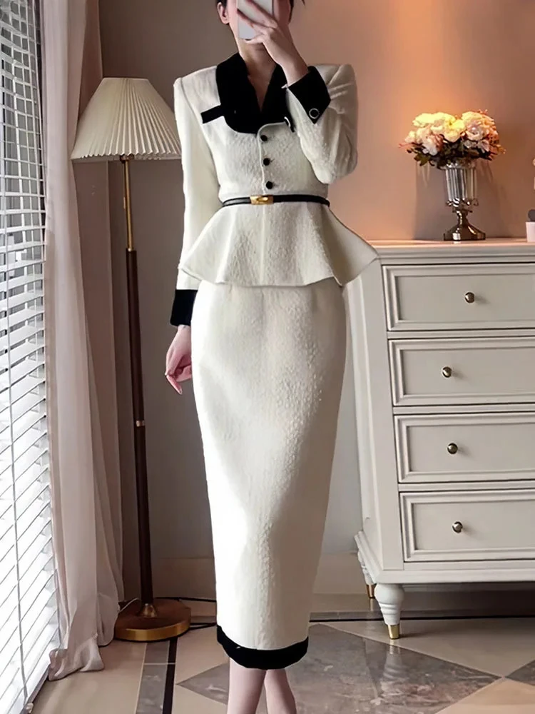 

[EWQ] Elegant White Splice Lapel Single Breasted Long Sleeve Contrasting Belt Women's Ruffle Coat Skirt Two Pieces Set 16U6144