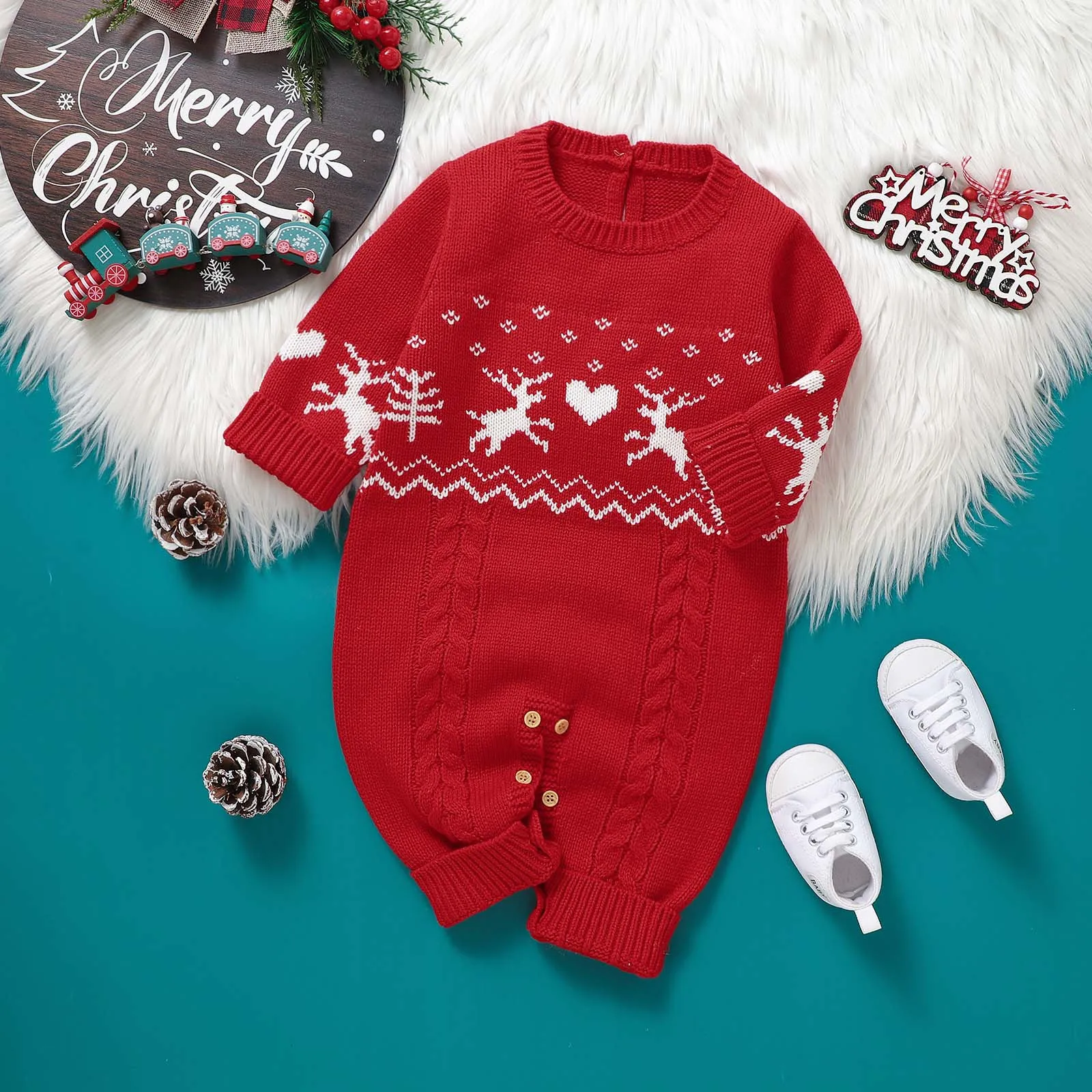 Christmas Baby Rompers Knit Newborn Boy Jumpsuit Outfit Long Sleeve Infant Girl Clothing Hat Cute Elks 2PCS Xmas Playsuit Winter