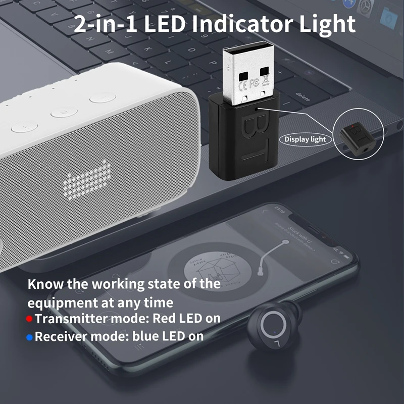 Bluetooth 5.0 Transmitter Receiver Mini 3.5MM Jack AUX Audio Wireless Adapter LED Indicator 2In1 Car Kit USB Adapter