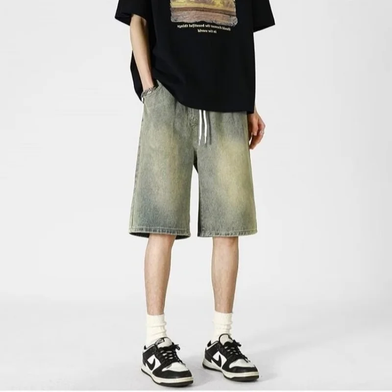 Shorts jeans masculinos, 2025 verão estilo fino retro solto marca de moda americana casual calças de comprimento médio de cinco polegadas
