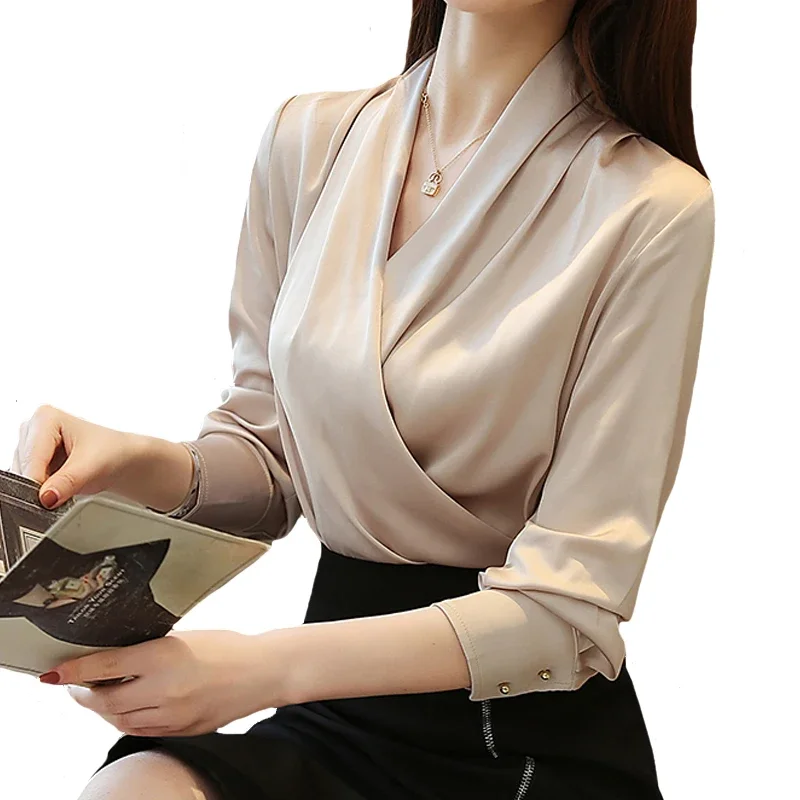 

Korean fashion clothing Long-sleeved Shirt V-neck Satin blouse Solid color Office Lady Women Tops XQ727