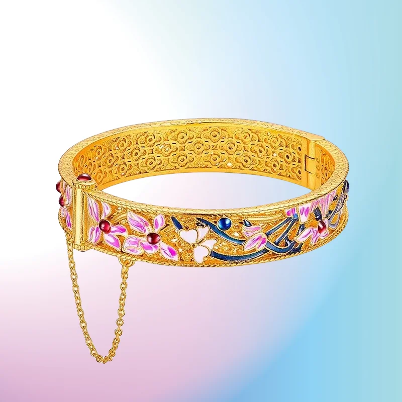 

NEW 9999 Real Gold 24K Vintage Burnt Blue Filigree Orchid Bracelet Gold Vintage Court Style Buckle Cymbidium Quality Enamel Larg