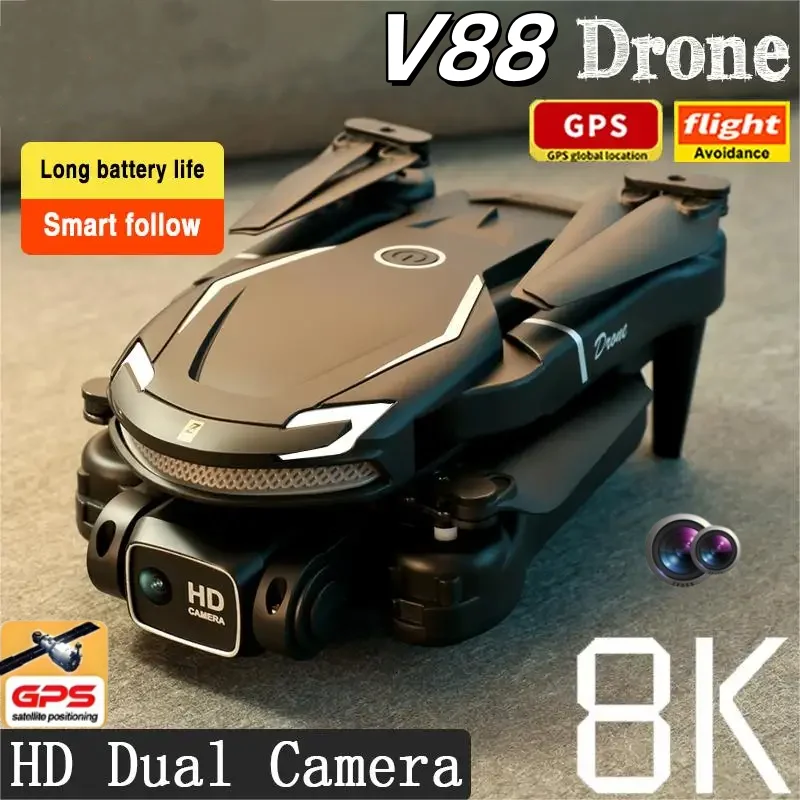 V88 Fotografia Aérea Profissional Drone, 8K HD Dual Camera, 5G, Prevenção de Obstáculos GPS, Controle Remoto, Fluxo Óptico, UAV Toy Gift